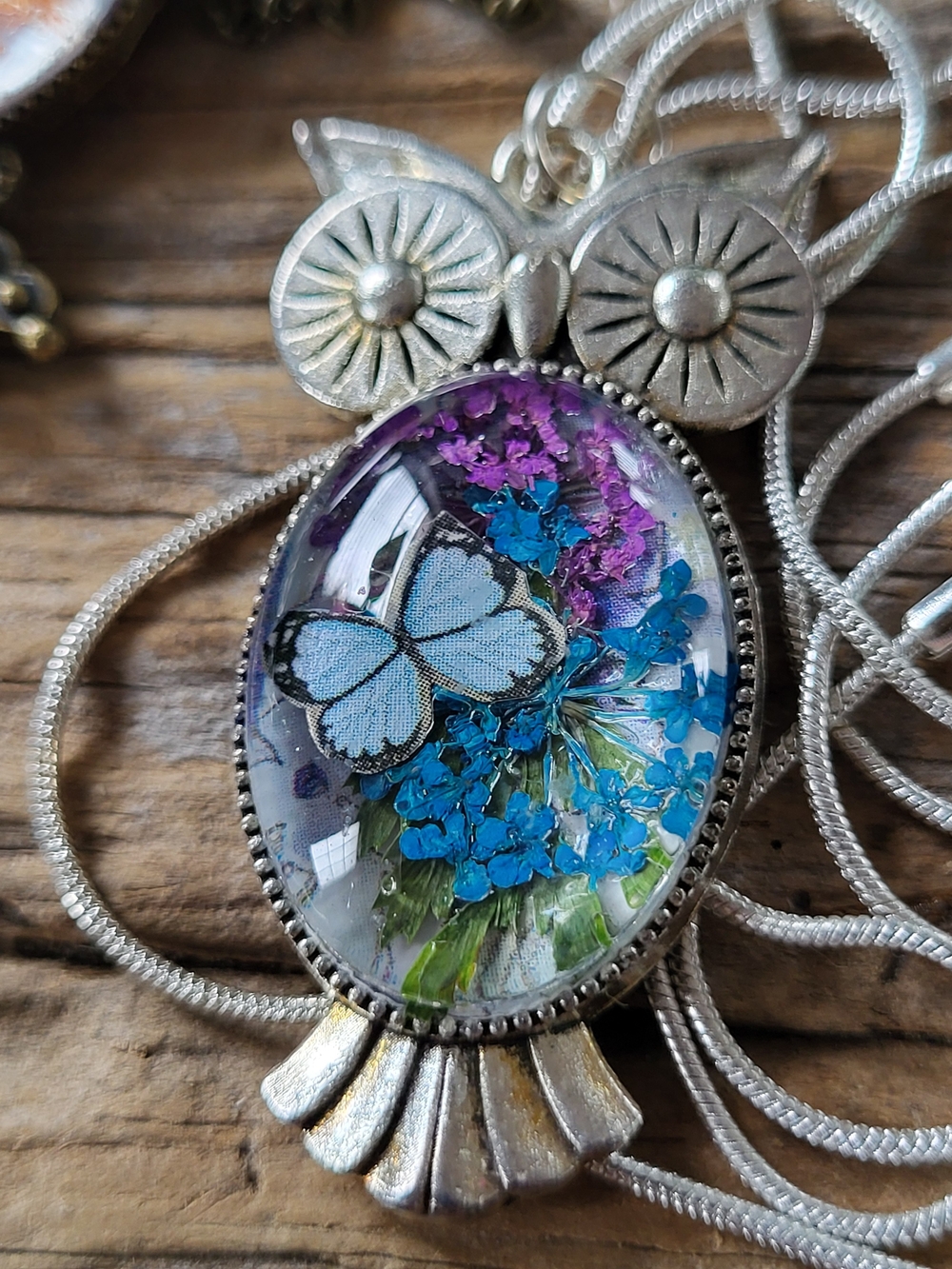 Handcrafted Blue Butterfly Under Glass Cabachon Necklace
